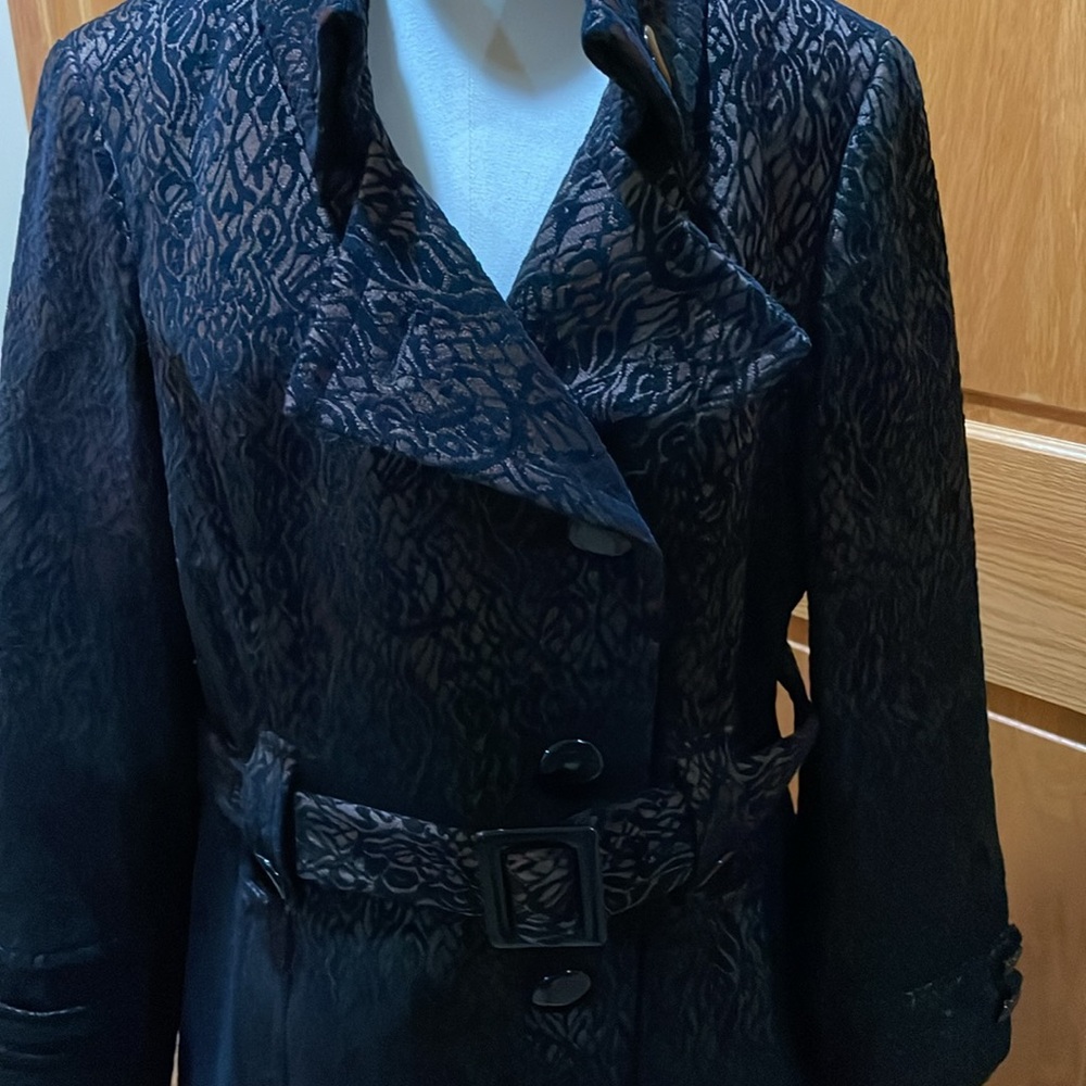 Roz & Ali Black Bronze Jacquard Belted Jacket Vintage Style Peacoat